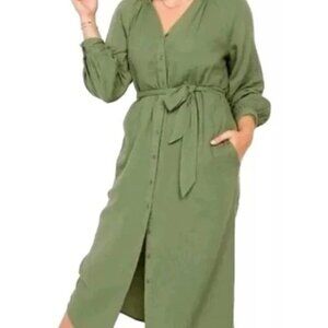 NWT Old Navy Button-Down Midi Shirt Dress Green Office Career Soft Belted